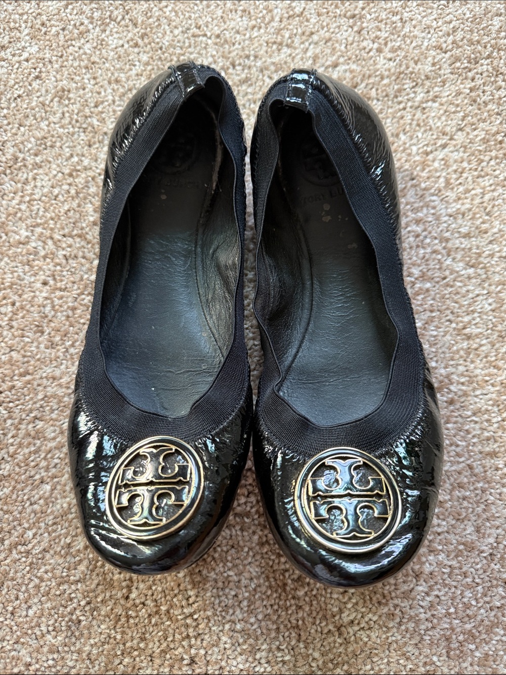 Tory Burch Black Patent Leather Logo Ballet Flats
